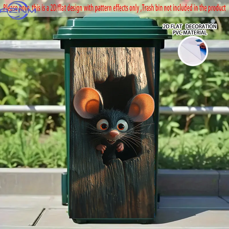 2D/FLAT, Self-Adhesive Dustbin Stickers, 14.57×32.28 Inches. Features an Adorable Mouse Peeking Out from a Hole Pattern. Suita