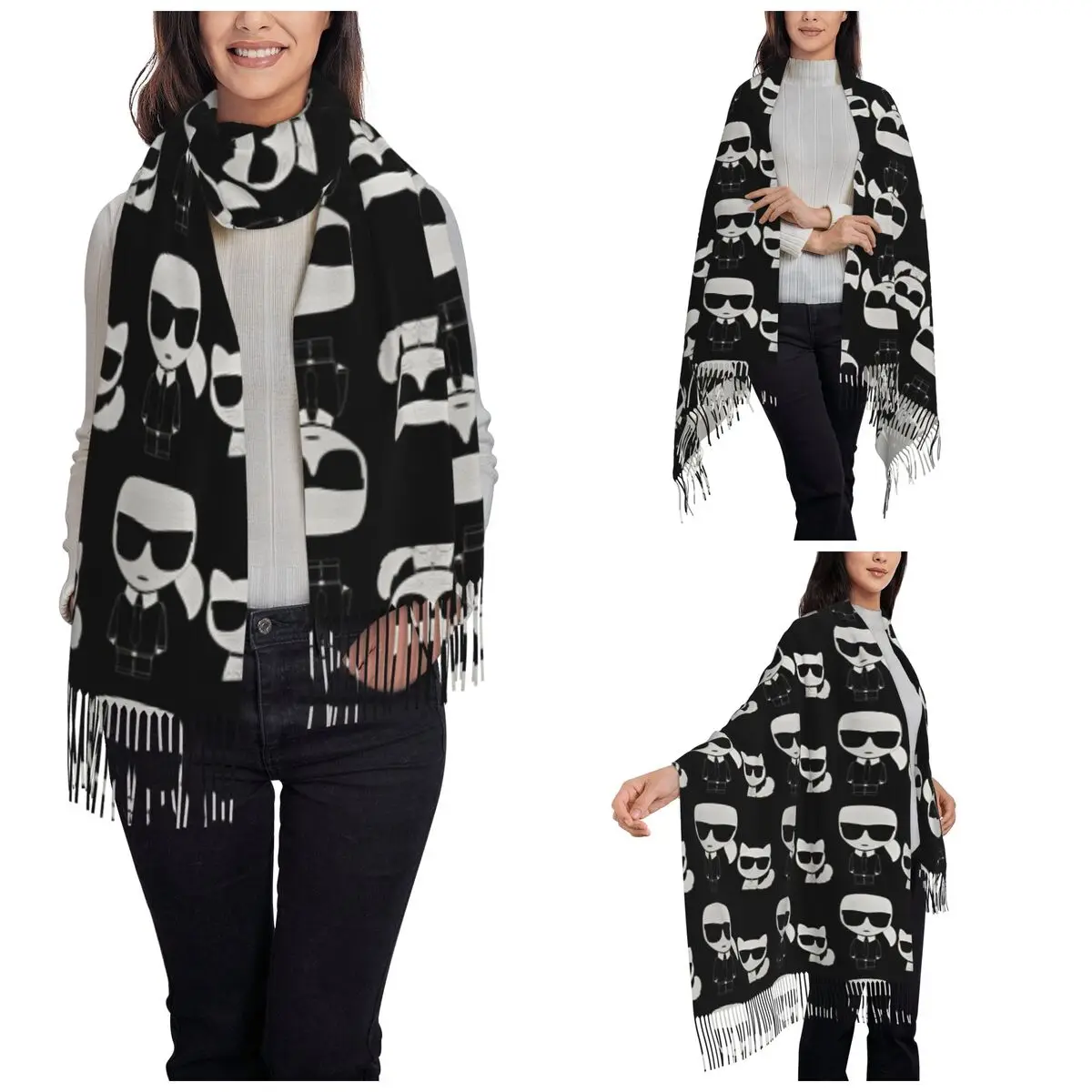 Womens Scarf with Tassel Pop Art Fashion   Lager-felds Long Super Soft Shawl and Wrap Daily Wear Cashmere Scarf