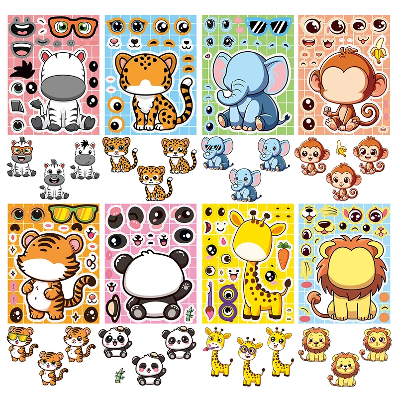 8 Sheets Cartoon Animal Puzzle Stickers Make A Face Decals Stationery Notebook Phone Laptop Decoration Gift
