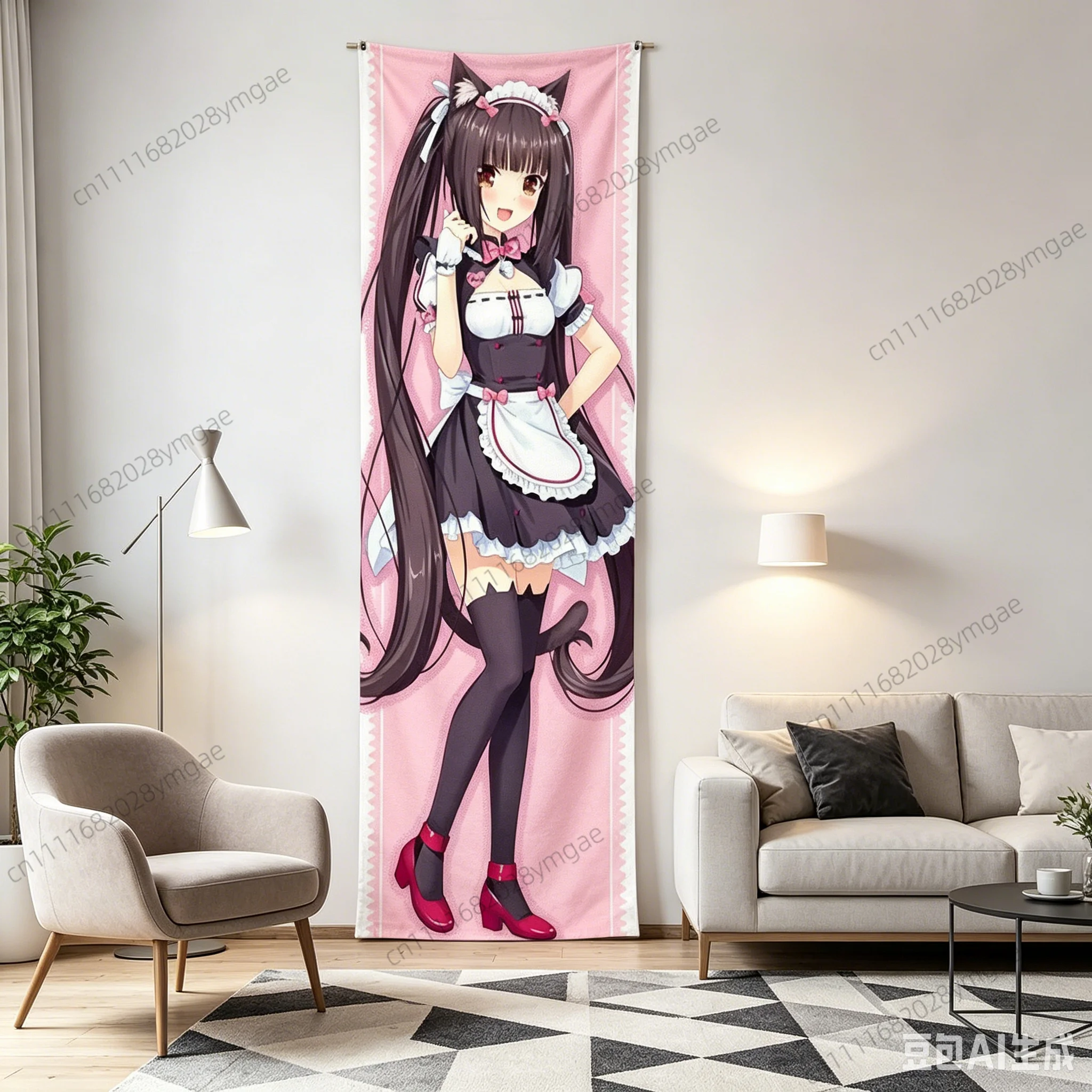 Aesthetic Cute Anime Cat Girl Vertical Long Tapestry Cartoon Nekopara Pink Flags Kawaii Girls Bedroom Background Cloth Banners