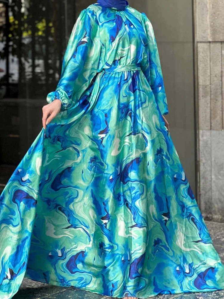 Eid Muslim Jalabiya Dress for Women Sweet Print Abaya Satin Vestidos Party Dresses Ramadan Kaftan Dubai Arab Long Robe 2024