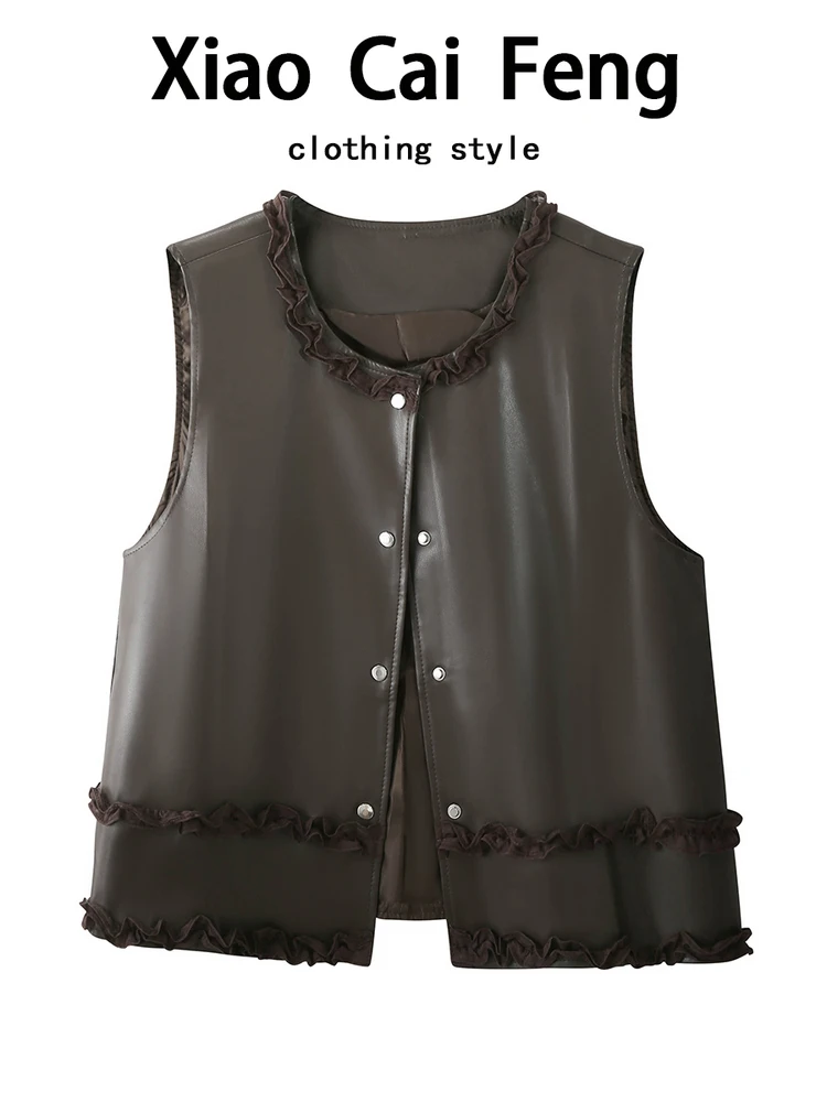 

Faionable round Ne PU Leather Vest Women's Loose Svel Tank Top Trendy All-Season ential Wood ain Design