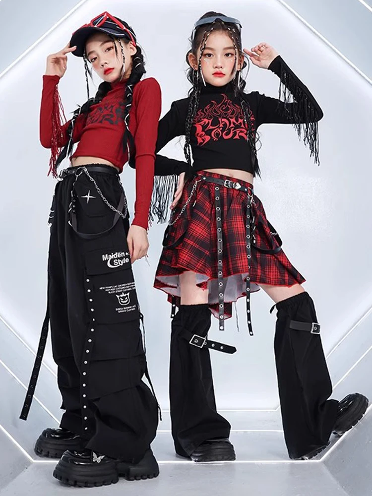 Modern Hip Hop Dance Clothes Girls Jazz Costume Autumn Tops Plaid Skirt Black Pants Kids Kpop Clothing Performance Wear BL13688