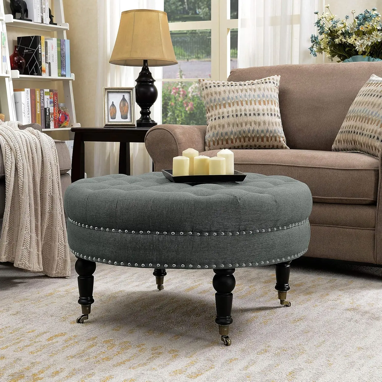 Modern 34 Inch Round Linen Ottoman with Caster Wheels, Contemporary Classic Footsool Bench with Button Tufted Top