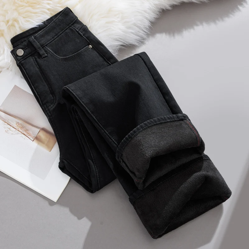 

Jeans for Woman Y2k Pants Winter Autumn Black Fleece Lined Straight Leg 2025 New High Waist Cigarette Trousers Fashion casual