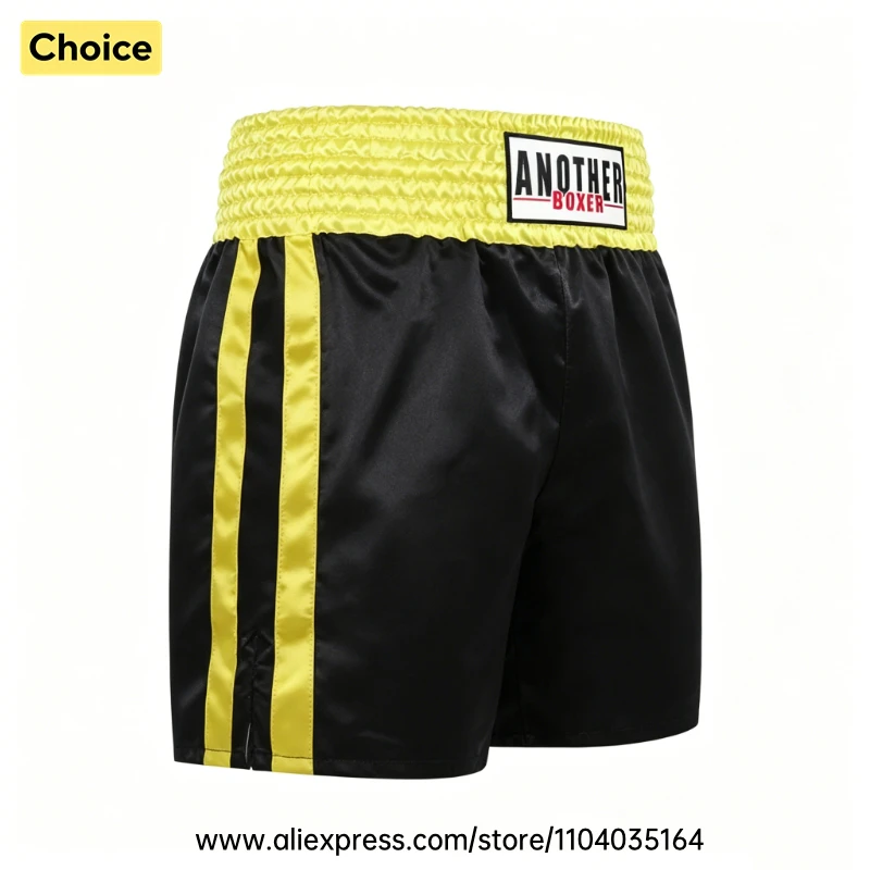 Boxing Trunks Quick Dry Satin Side Split Muay Thai Pants Men Women Youth Black Yellow English Boxing MMA Kickboxing Fight Shorts