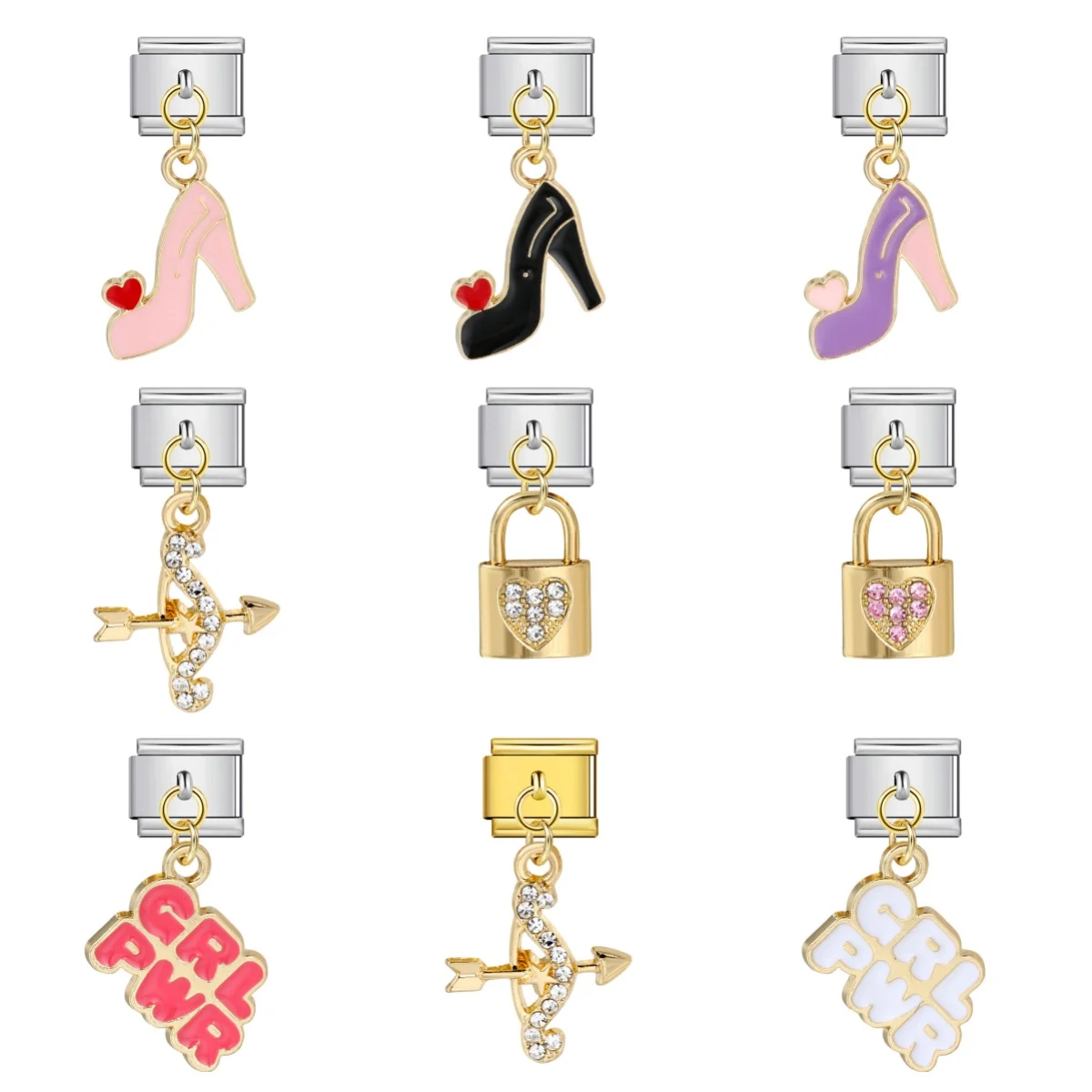 Neue trendige High Heels mit Zirkonia-Verzierungen, italienische Charm-Links passend für 9mm Edelstahl-Armbänder, Schmuck zum Selbermachen für Frauen und Mädchen. – Detail 1