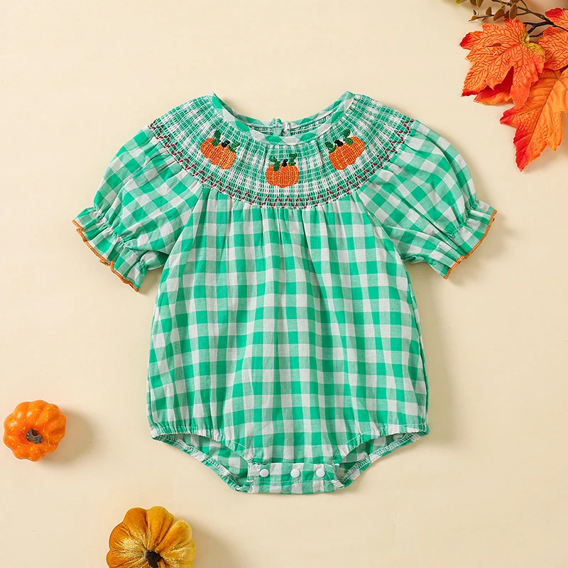 Baby Halloween Fall Romper Pumpkin Embroidered Plaid Short Sleeve Round Neck Ruffled Jumpsuits