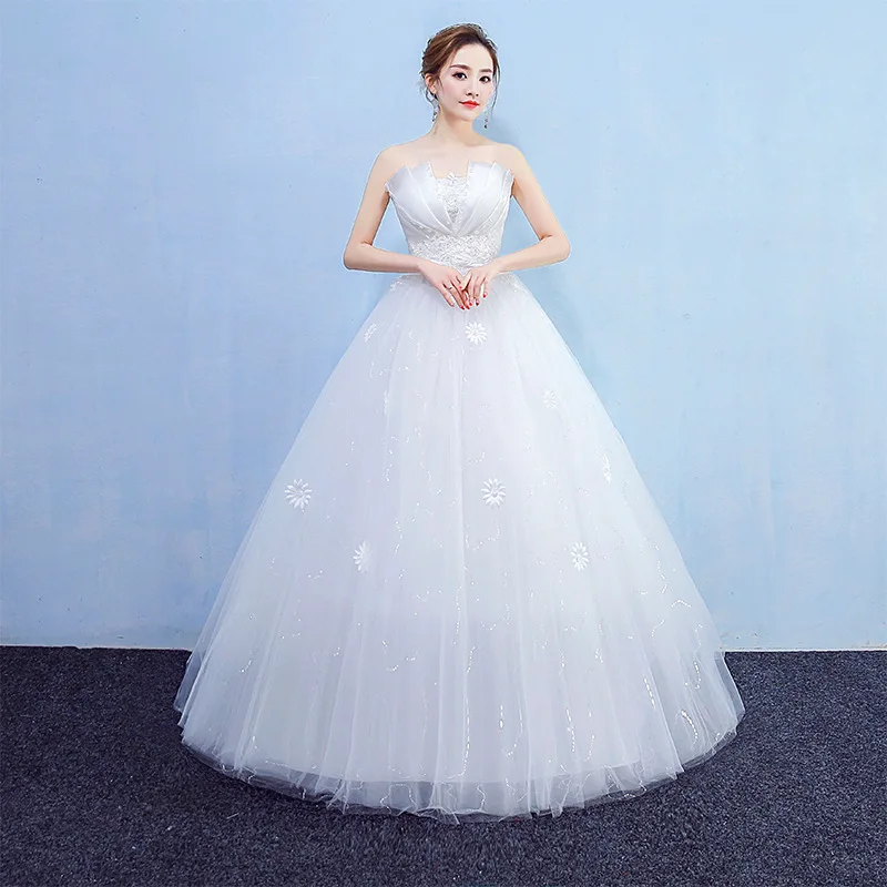 

It's Yiiya White Wedding Dress Strapless Pleat Appliques Simple Lace up Princess Floor-length Plus size Bride Ball Gown FH024