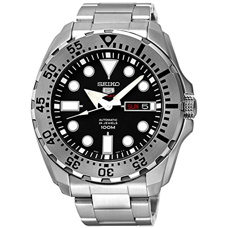 Seiko 5 Sports SRP599J1 Automatic Men Watch 44.3mm Stainless Steel Bracelet Day Date 100M Water Resistant Wristwatch