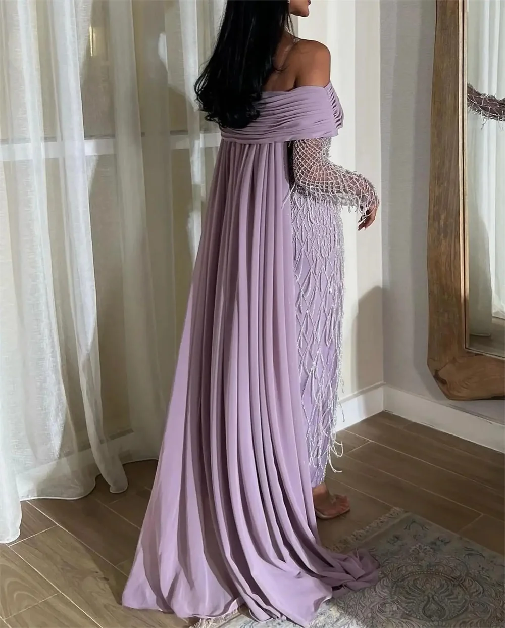 Bella Elegant Purple Off Shoulder Prom Dresses Glitter Mermaid Pleats Evening Dress Chiffon Draped Customized vestidos de fiesta