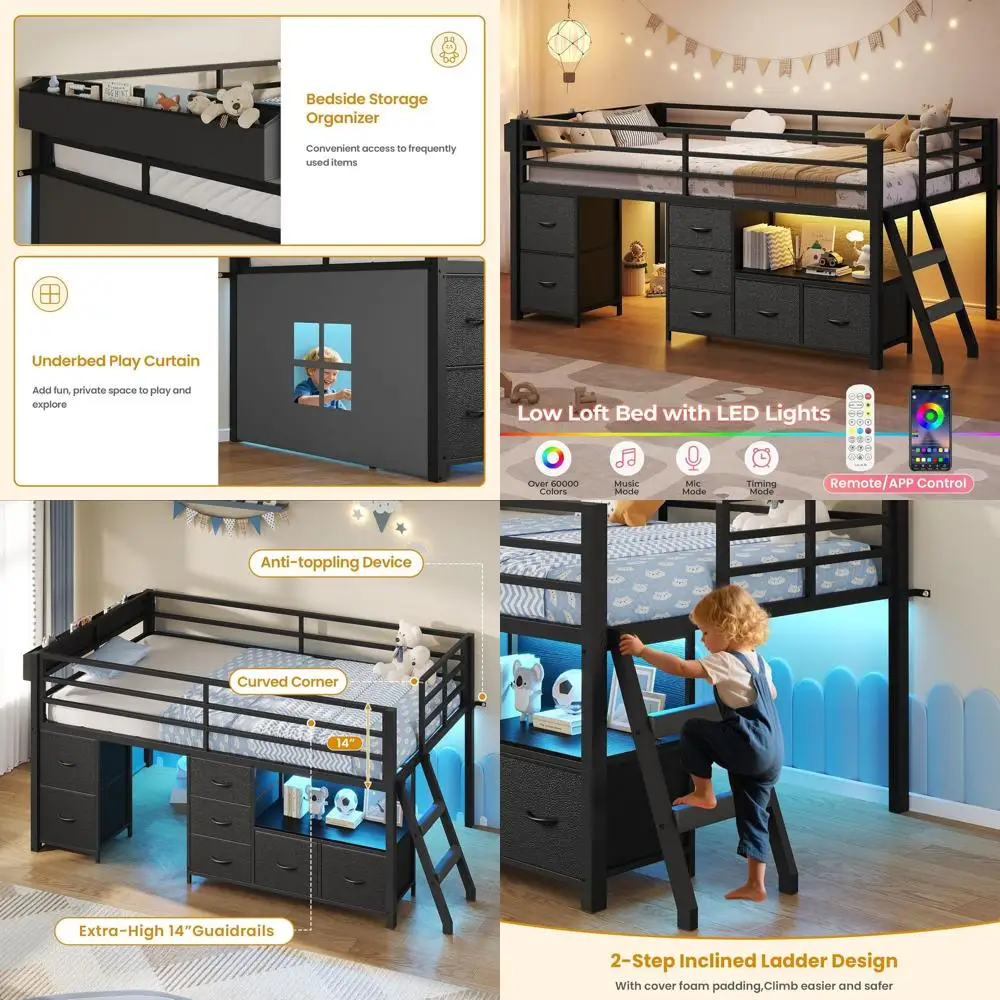 

Twin Size Storage Bed with 7 Drawers, Bookcase, LED Lights, Safety Rail, Ladder, Play Curtain, and Under-Bed Play Area in Black