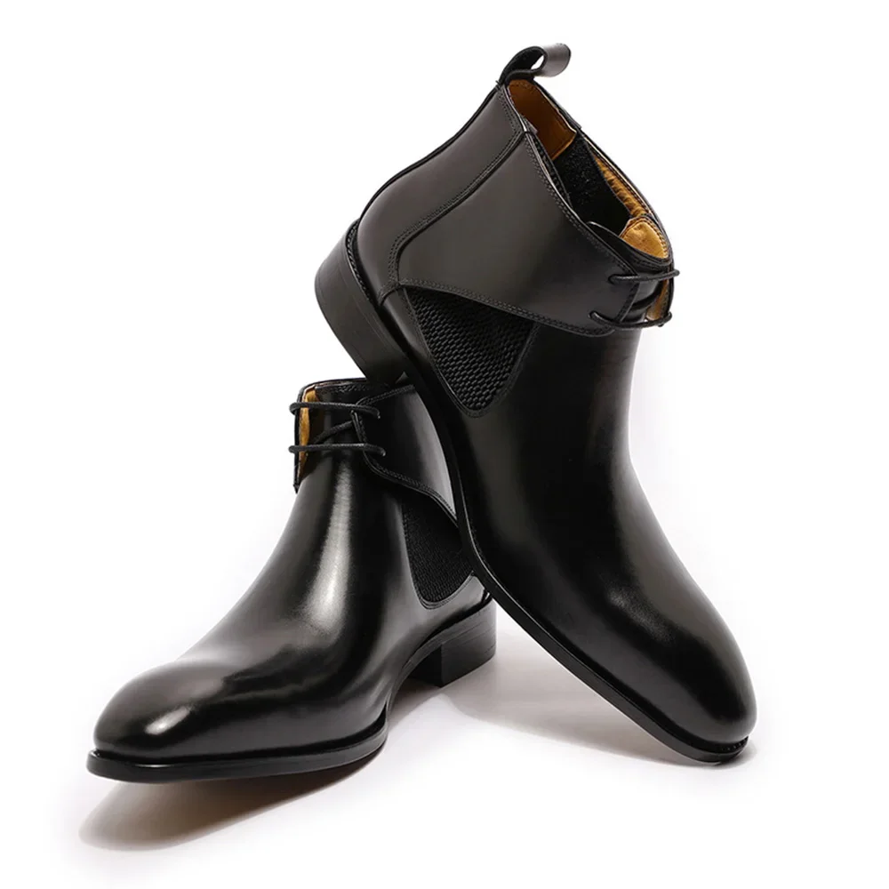 Men's Street Style Leather Boots Square Plain Real Leather Chelsea Ankle Boot Handmade Lace-Up in Black/Brown for Casual Dress
