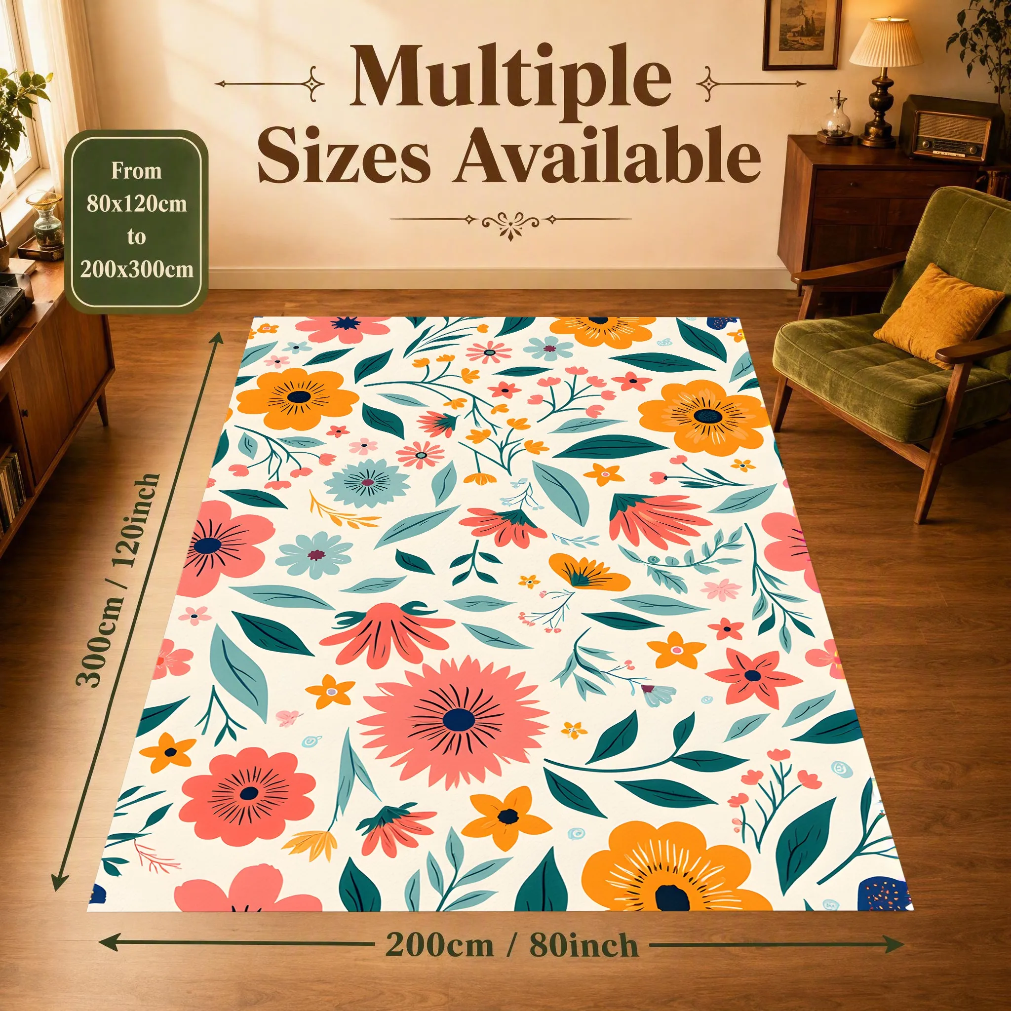Large Area Rug with Colorful Fresh Floral Print, Gentle Soothing Style, for Living Room and Bedroom