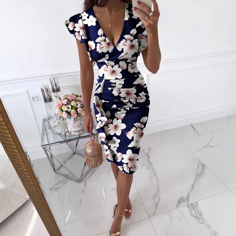 Abito da donna elegante con maniche a volant a vita alta con scollo a V increspato abito corto abito da sera Boho con stampa floreale estiva