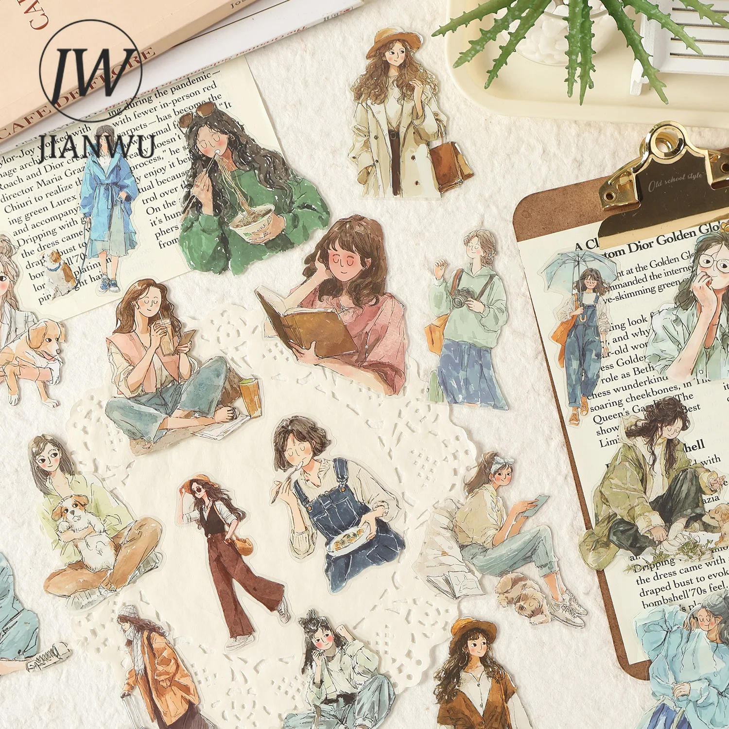 JIANWU Comforttable Life Series Kawaii Girl Character Landscape Material Collage PET Sticker Creative DIY Journal Stationery