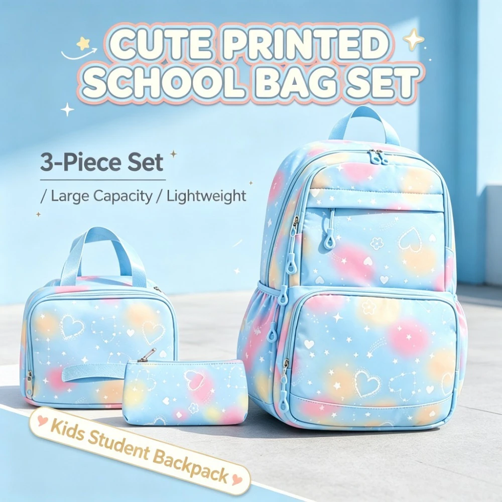 Back To School Girls 3Pcs Backpack Set Heart Star Print Kids Primary Junior High School Bookbag Schoolbag Lunch Bag Pencil Case