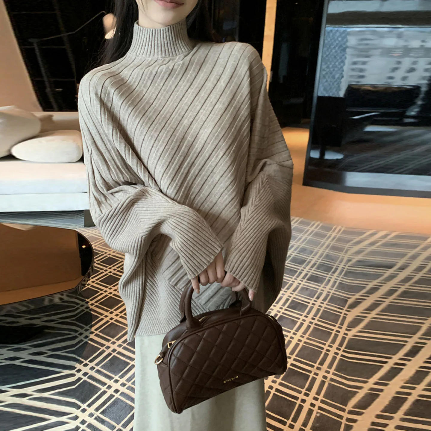 

Loose Batwing Sleeve Knitted Sweater Half High Collar Asymmetrical Korean Style Women's Autumn Winter Fashionable Top