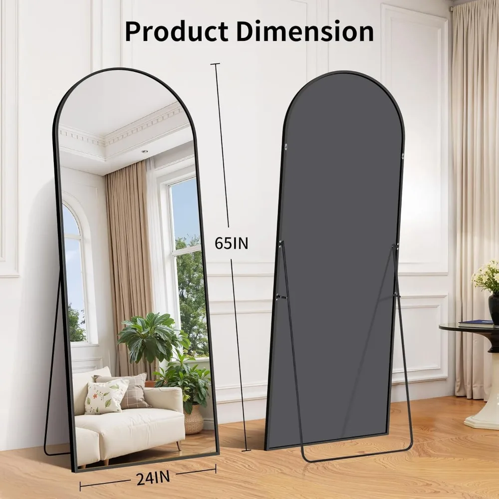Gewölbter Bodenspiegel in voller Länge, 65 x 24 Nano-Glas mit Aluminiumrahmen, großer Schminkspiegel für Zuhause