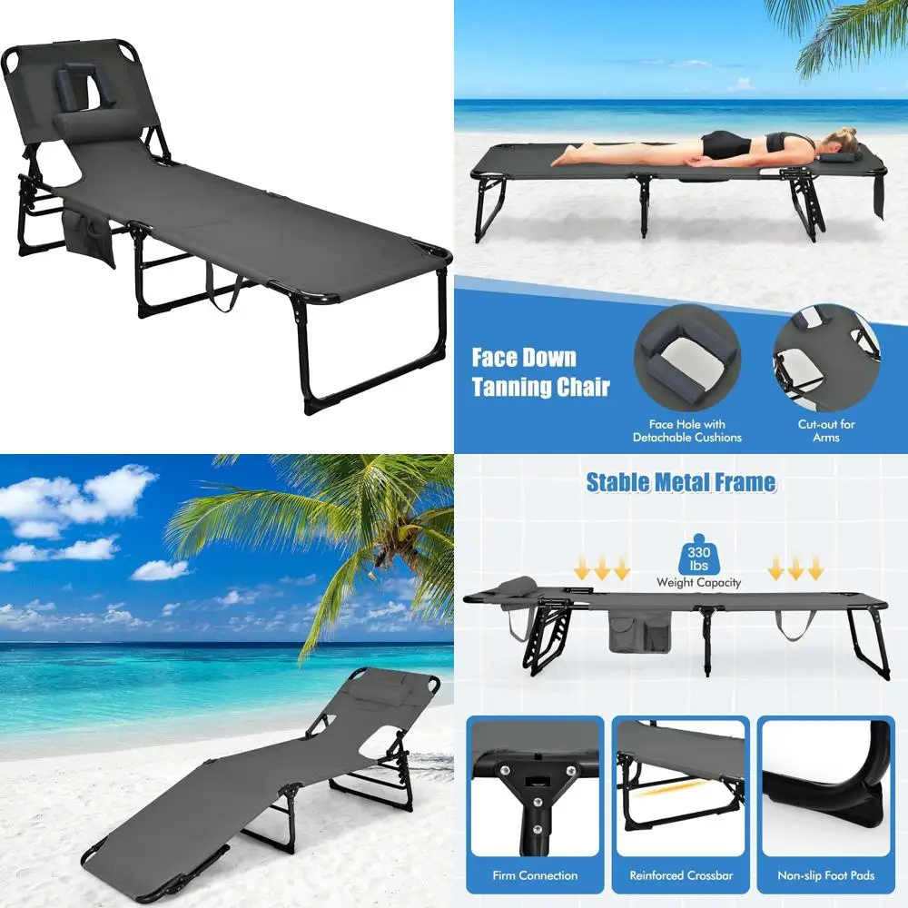 

Folding Beach Lounge Chair with Face Hole, 5-Position Adjustable Tanning Chair, Pillow & Side Pocket, Portable and Comfortable f
