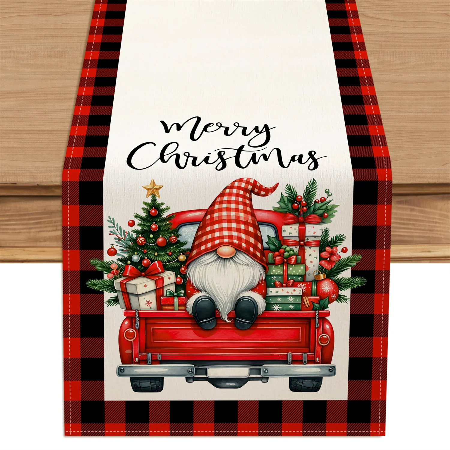 1pc Festive Christmas Gnome on Red Truck Table Runner - Black & Red Plaid, Polyester, Rectangular, Ideal for Holiday Dining