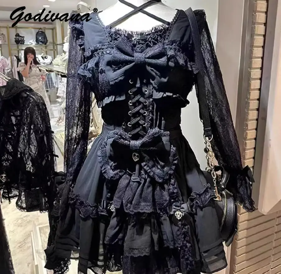 

2026 New Spring Summer Japanese Liz Lolita Lace Bow Princess Dress Girls Women's Lace Long Sleeve Short Dresses