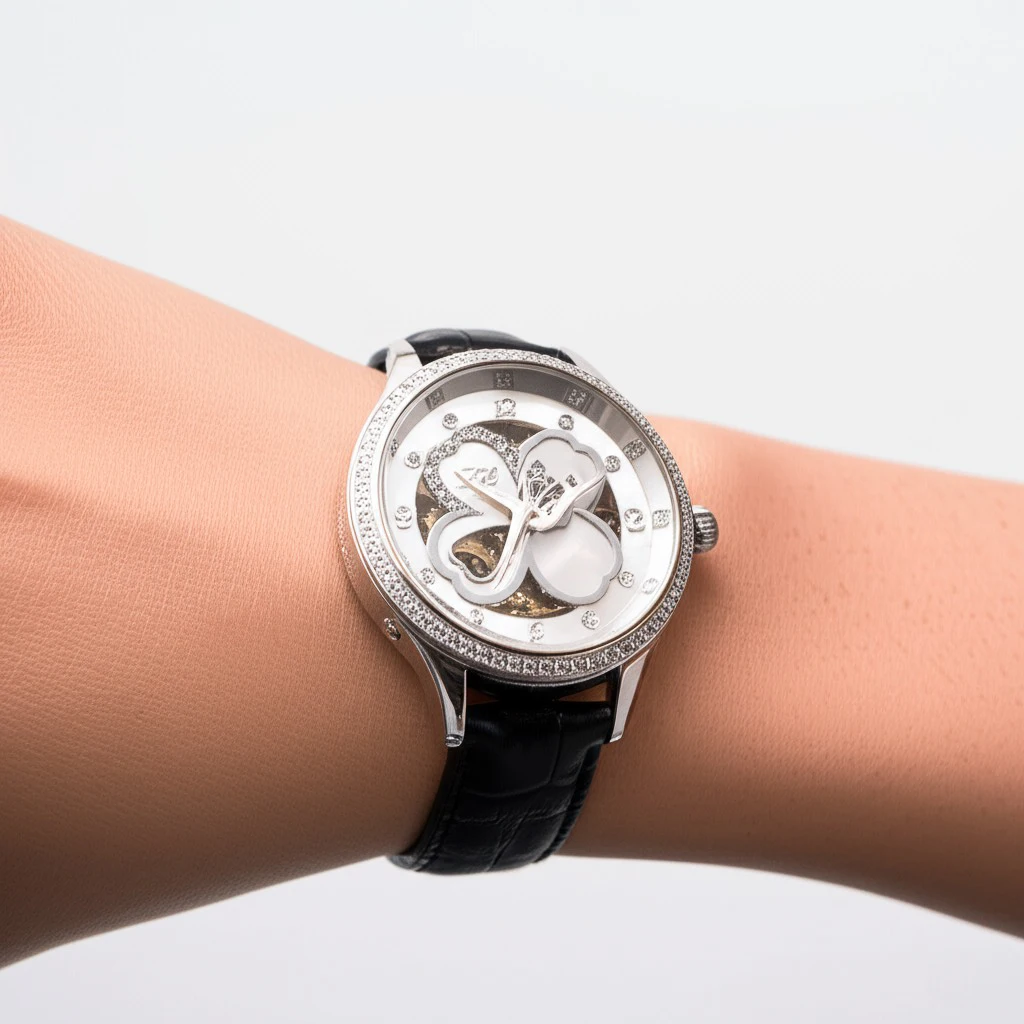 Princess Butterfly Luxury Mechanical Watch for Women Automatic Clover Mother of Pearl Dial Crystal Ladies Watches Leather Strap