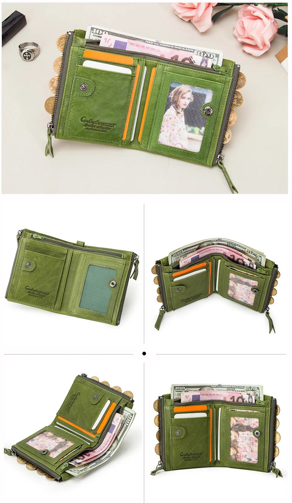 CONTACT'S Damen-Geldbörse aus Echtleder, zweifach faltbar, im Vintage-Stil, mit Münzfach und Kartenfächern – Detail 14