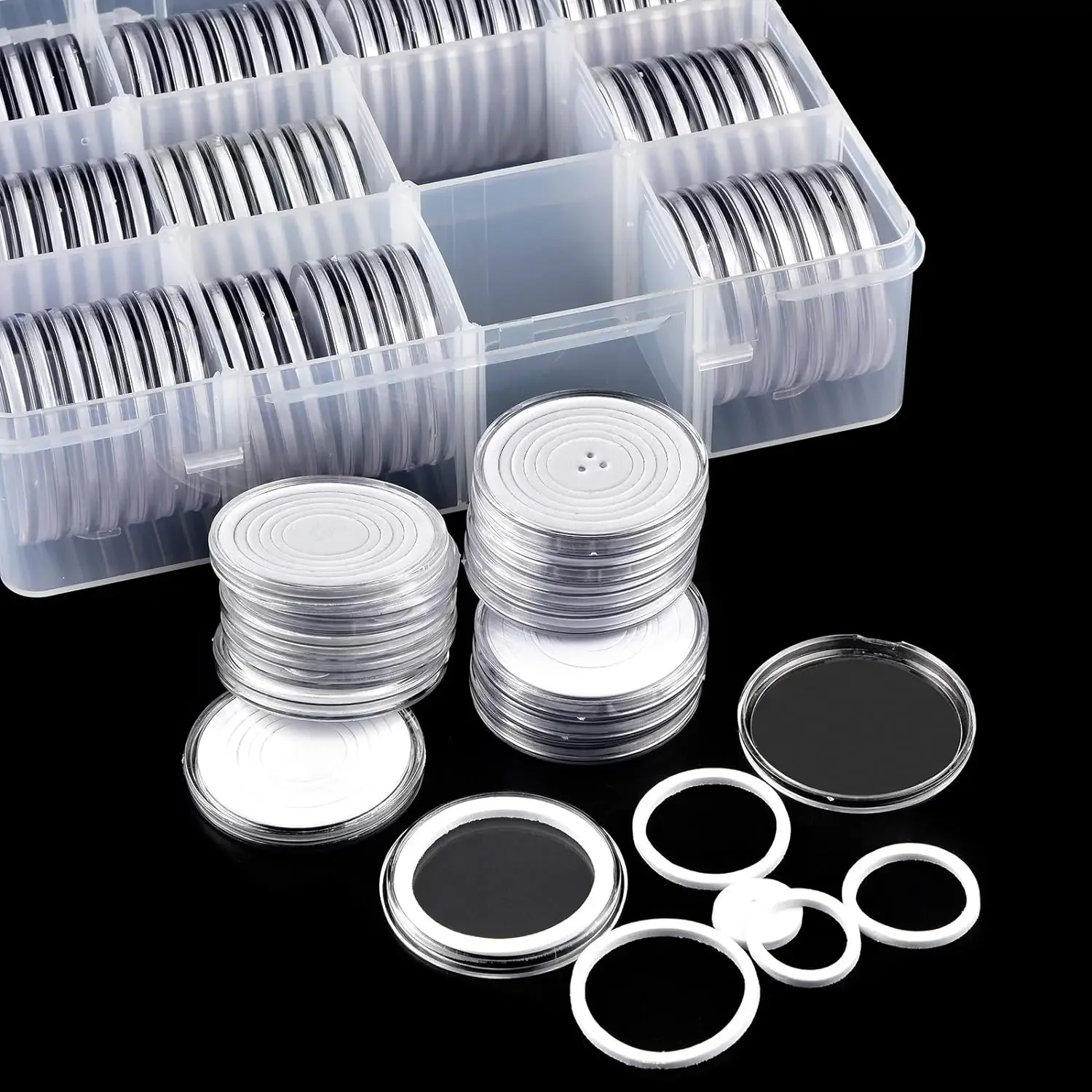 84 Pieces 46 mm Coin Capsules, with Foam Gasket and Plastic Storage Organizer Box, Supplies 6 Sizes (20/25/27/30/38/46mm)