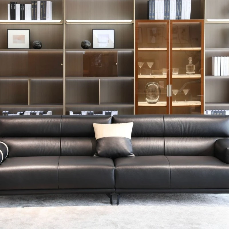Black leather first layer cowhide sofa Italian minimalist casual simple straight row sofa combination
