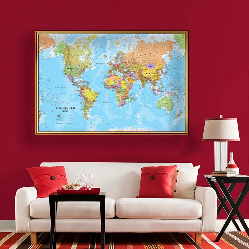 150*100cm World Map Detailed Wall Poster Clear Printed Canvas Painting Decorative Hanging Picture Office Home School Supplies