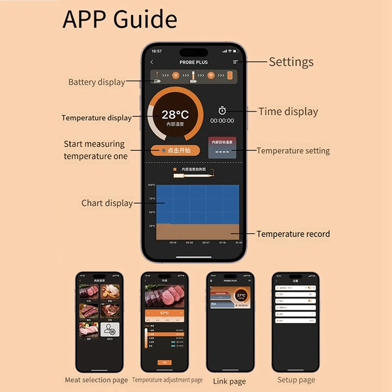 Cooking Thermometer Smart Meat Thermometer Long Bluetooth Range, Precision Cooking, For BBQ/Grill/Kitchen