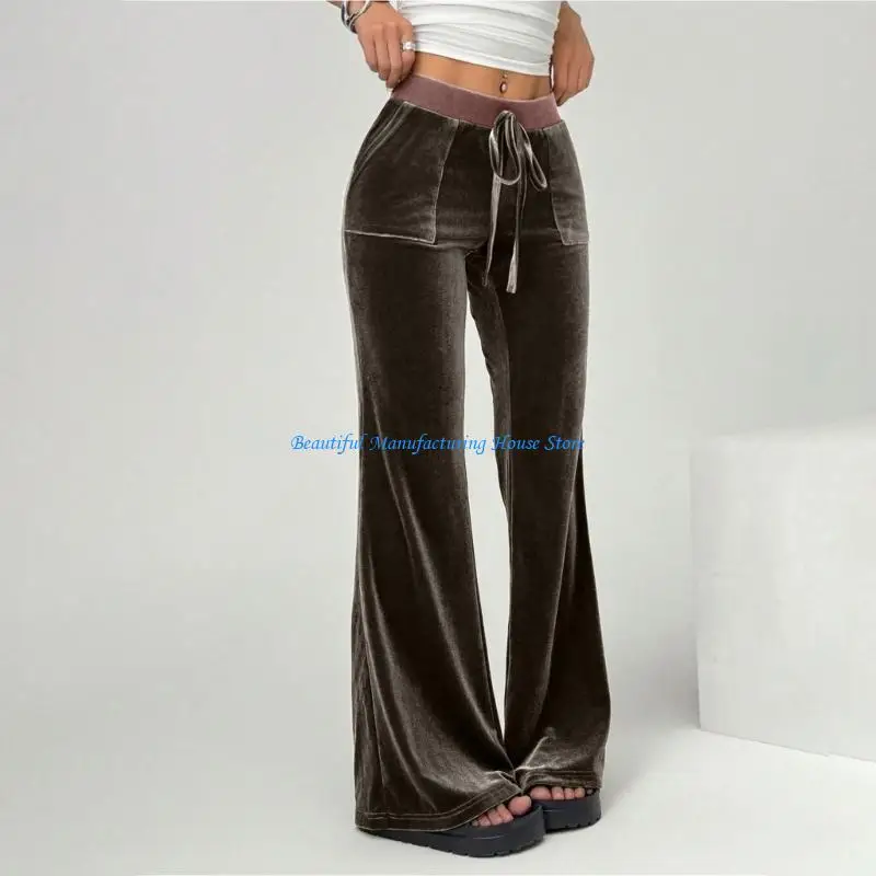 E56A Women's Fashion Flared Leg Pants Fabric Drawstring Waist Adjustable Comfort Retro Look Long Palazzo Trousers