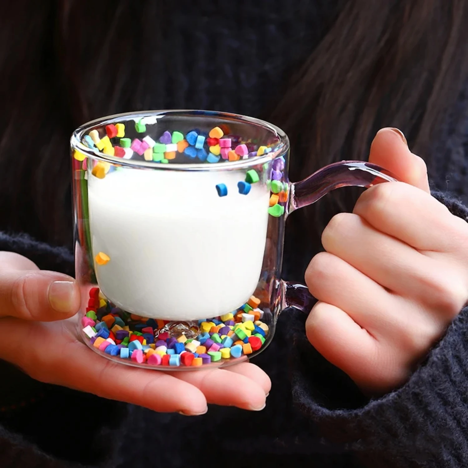 

200ml Heart Shaped Quicksand Cup Creative Double Layer Glass Cup Coffee Mug Milk Tea Juice Water Glass Drinkware