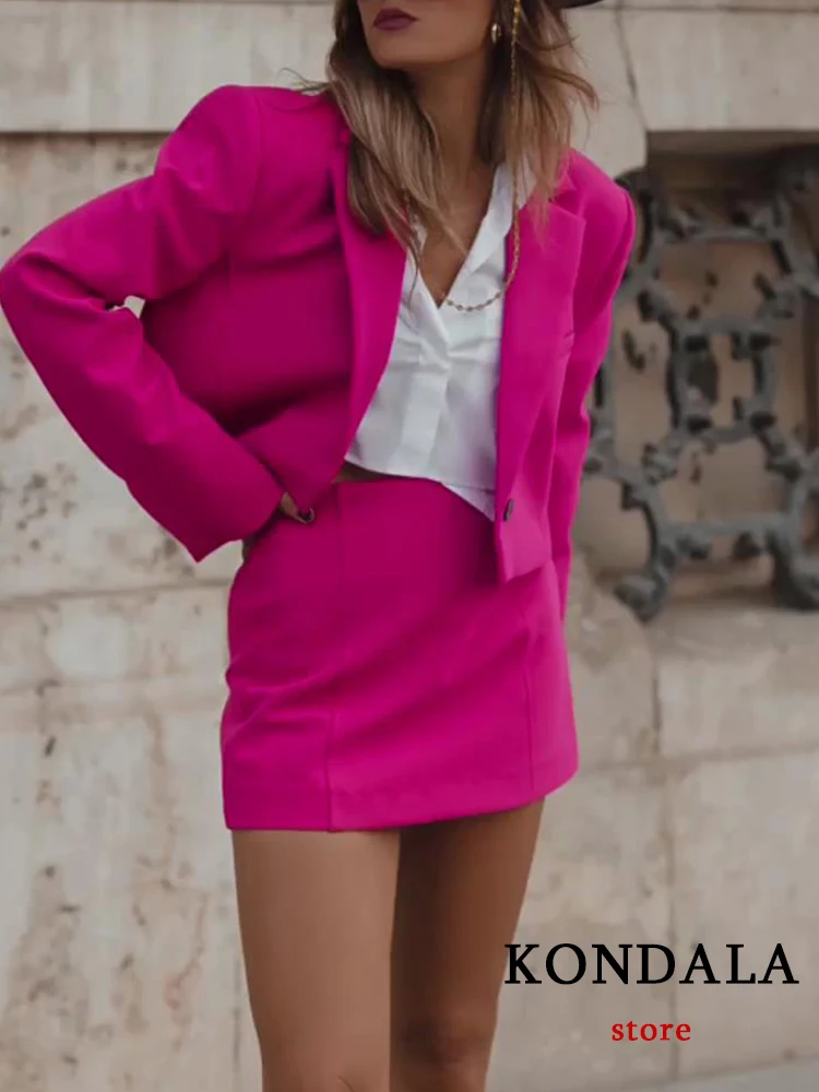 KONDALA Office Lady Rosered 2 Piece Blazer Women Suits V Neck Short Blazer Women+High Waist Shorts Skirt Female Fashion 2022 Set