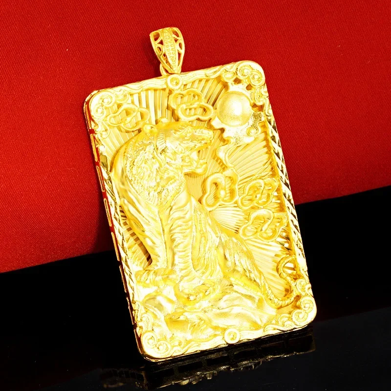 Real 18 K Gold Men\'s Square Tiger Pendant for Men Father Bro Pure Classic Wedding Gold Pendants Without Chain Fine Jewelry Gifts