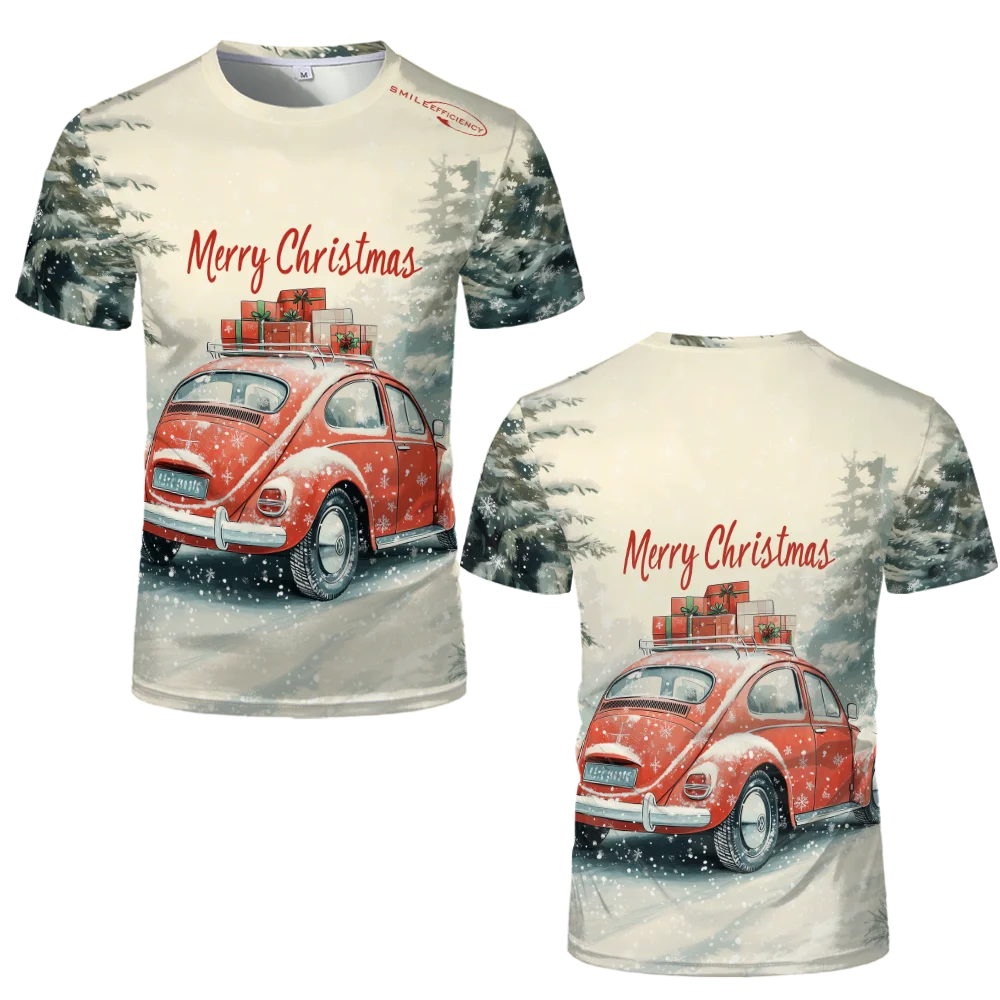 Christmas Snow Car Pattern 3D Printed T-shirt 100% Polyester Men's And Women's Loose Casual Short-sleeved Shirt Streetwear