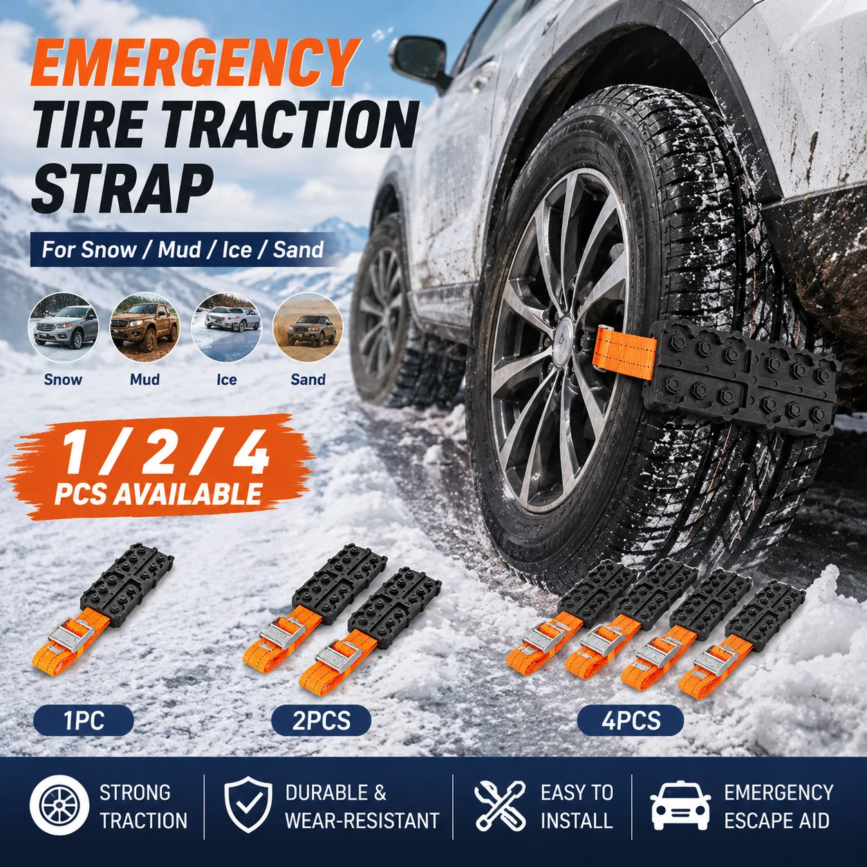 1/2/4Pcs Car Tire Traction Blocks with Anti-Slip Strap, Emergency Snow Chain Grip Aid for Mud Ice Sand Winter Road Driving
