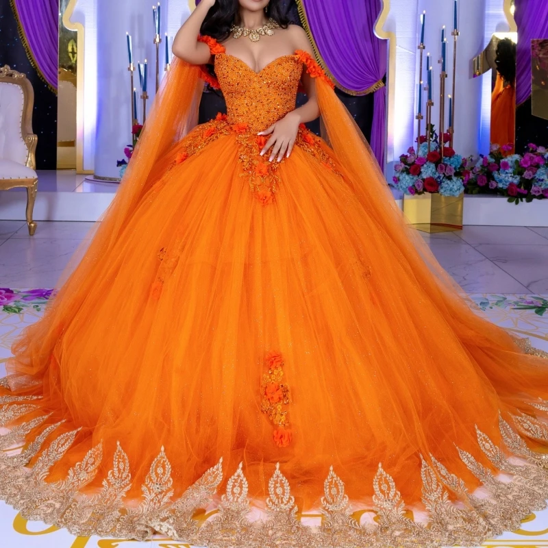 

Orange Quinceanera Dresses Off The Shoulder Applique Flower Beading Tull Ball Gown Vestidos De 15 Anos Sweet 16 Dress