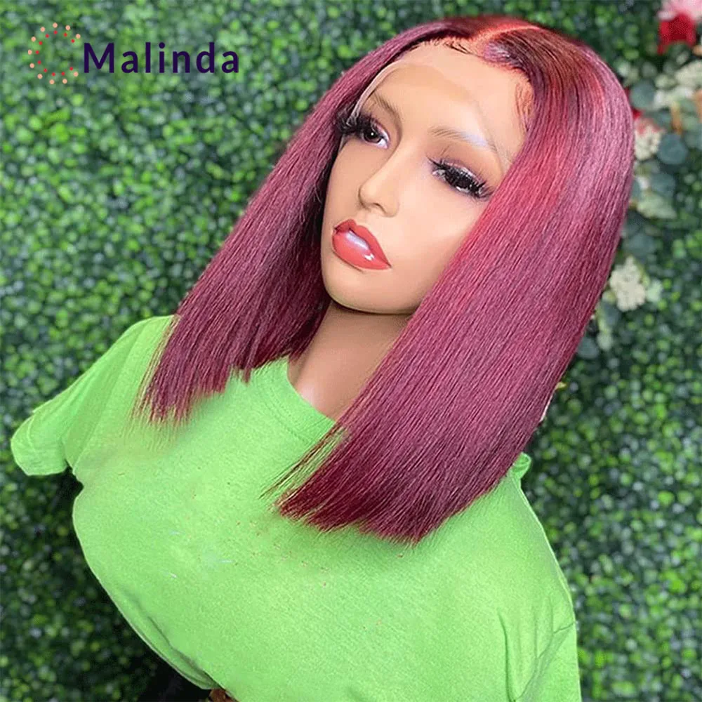 

Burgundy Short Straight Bob Pixie Cut Lace Front Wigs Brazilian 99J Red Colored Human Hair Wig Pre Plucked For Women