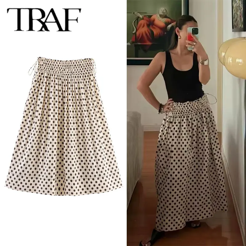 

TRAF 2025 художественные женские боковые юбки-миди на шнуровке в горошек, летние юбки с эластичной резинкой на талии и высокой талией, модная повседневная юбка-миди