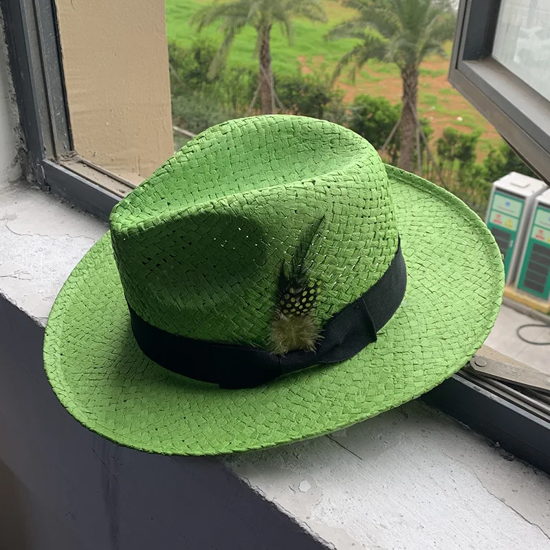 Eight-point Straw Hand-knitted Hat Fresh Grass Green Straw Hat Feather Fedora Hat