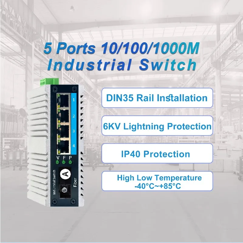 4-port RJ45 Industrial Switch, 1 SC Port Single-mode Single Fiber VLAN Isolated DC Dual Power Supply