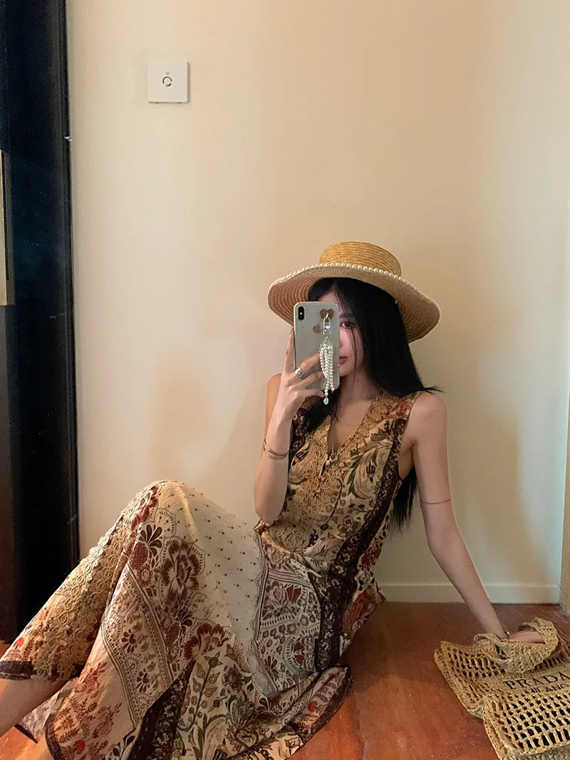 Vaion Sle Floral Print V-Ne Women's Dr Beach Skirt Long Svel Gown High Waist n Ethnic Summer Faion