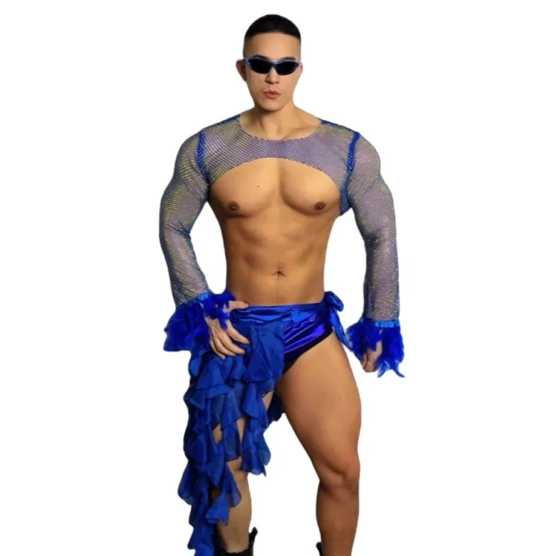 Bar Nightclub Male Gogo Dance Costume Sexy Transparent Rhinestones Tops Shorts Set DJ Dancer Performance Stage Wear Rave Outfit