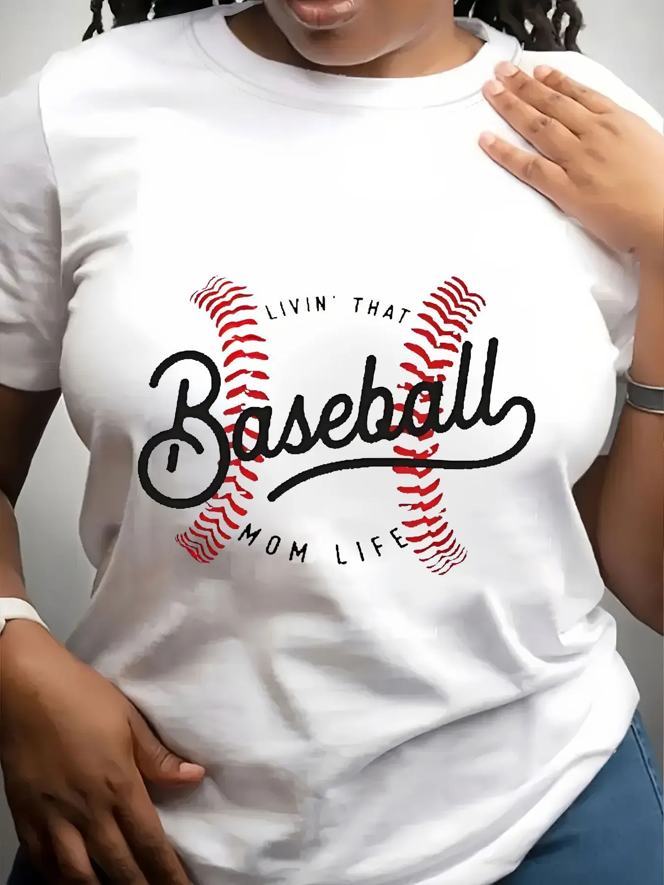 Women's Trendy Crew Neck T-Shirt Livin That Baseball Mom Life Suitable for Casual Sportswear