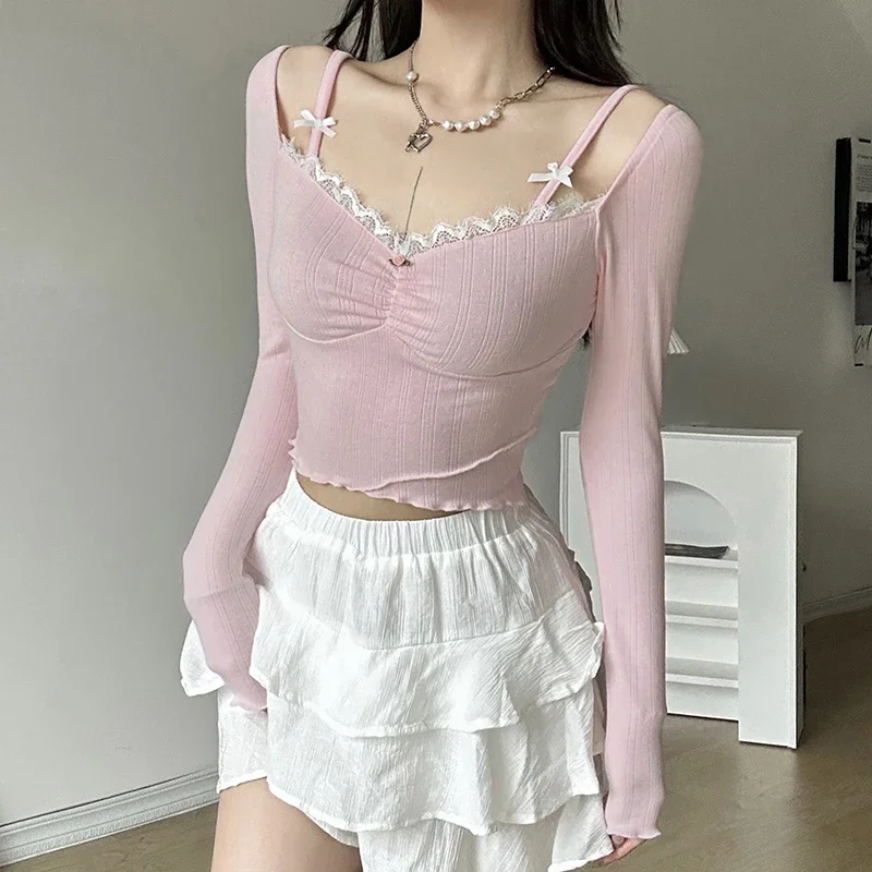 

Sweet Lace Stitching V-neck Skinny Top Pink Coquette Aesthetic Slim-fit Long Sleeve Knitted T-shirts Cute Casual Tees