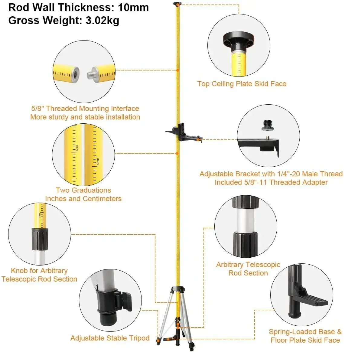 Tripod LP36 Lasel Leveler Telescopic Pole, 3.7m/12ft Mounting Pole, Freely Adjustable Terrain Pole Portable Stabilizer