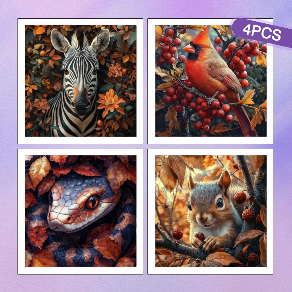 HUACAN 4PCS Diamant Mosaik 5d Vogel Tier Volle Runde Bohrer Diy Diamant Malerei Eichhörnchen Zebra Schlange Herbst Dekor für Hause