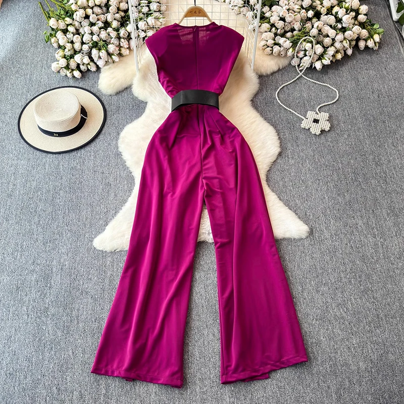 EWQ Casual Sleeveless Belt Jumpsuit For Women Fashion V-neck Gathered Solid Pocket Color Clothing 2024 Summer New 27X661